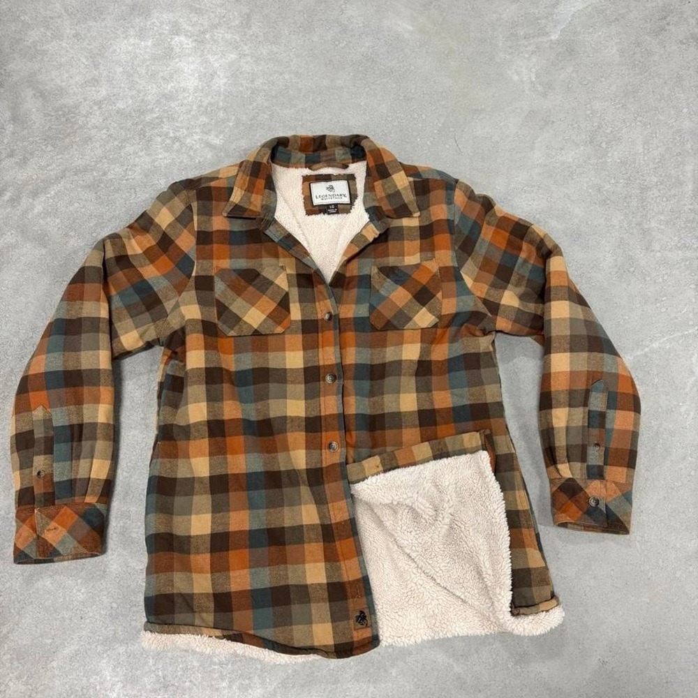 Legendary Whitetails Plaid Flannel Shirt Men's L Brown Beige Teal Sherpa Lined